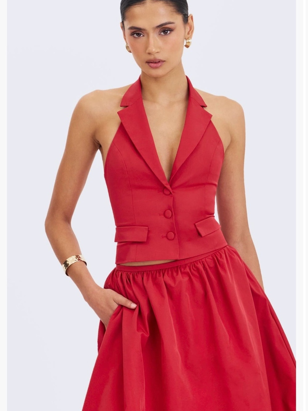 Red Halter Notch-Lapel Vest with Full Skirt